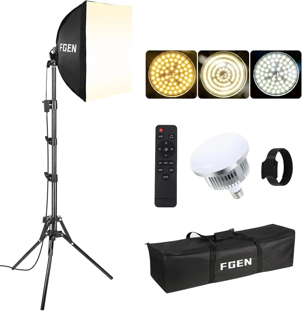 Kit FGen simple : une softbox 40 × 40 cm sur pied, ampoule LED, télécommande et sac ; visuel marchand