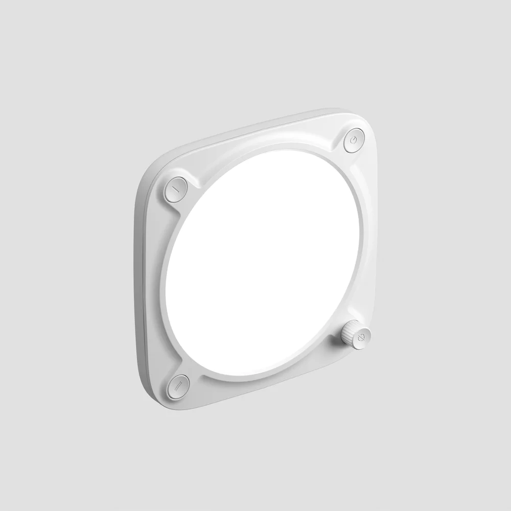 Elgato Key Light Neo blanc de trois quarts : diffuseur plein et molette visibles, support hors champ