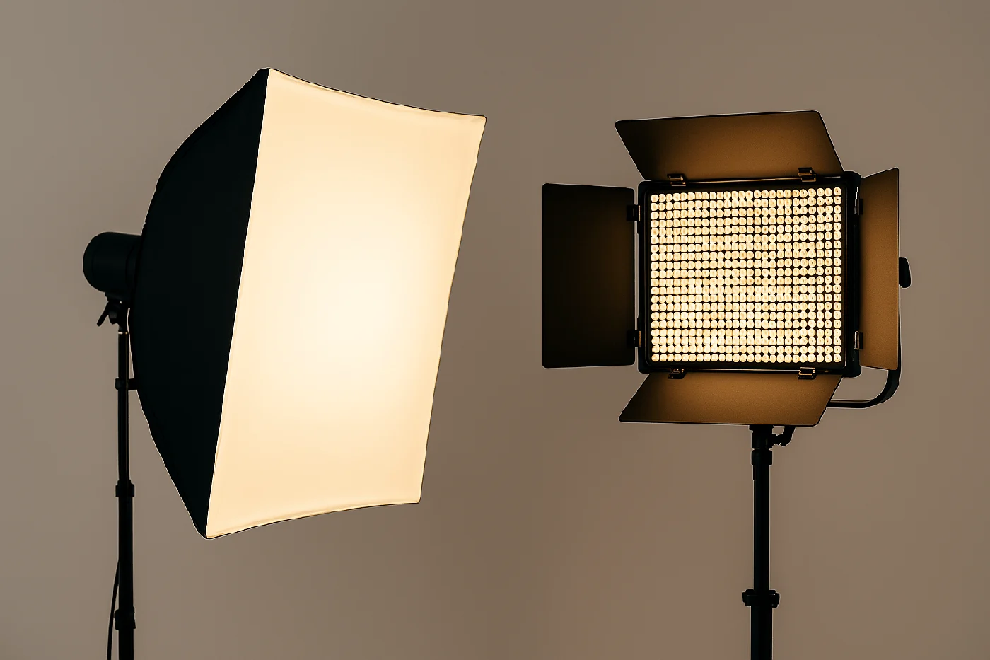 Softbox et panneau LED dans une ambiance chaude de studio