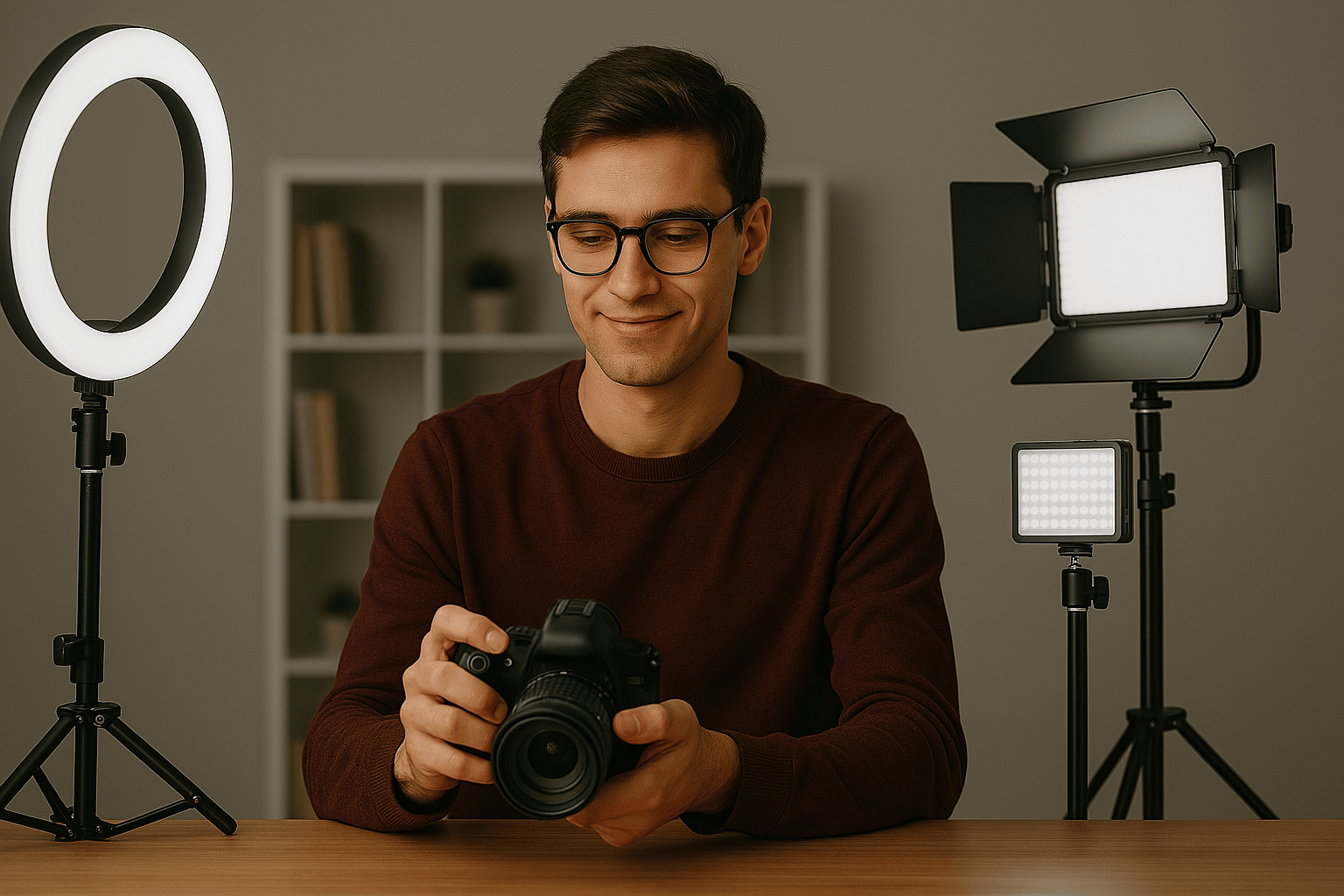 Créateur de contenu manipulant un appareil photo, entouré d’une ring light et de panneaux LED pour l’éclairage vidéo et photo
